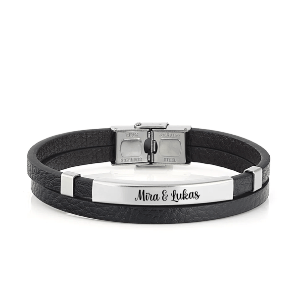 Edelstahl Double Line Herren Leder Armband mit Wunschnamen - Idlords